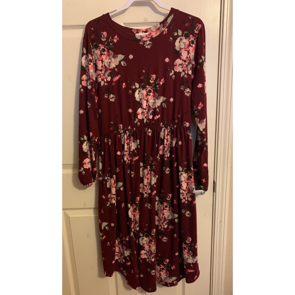 Boutique Maroon Floral Midi Dress